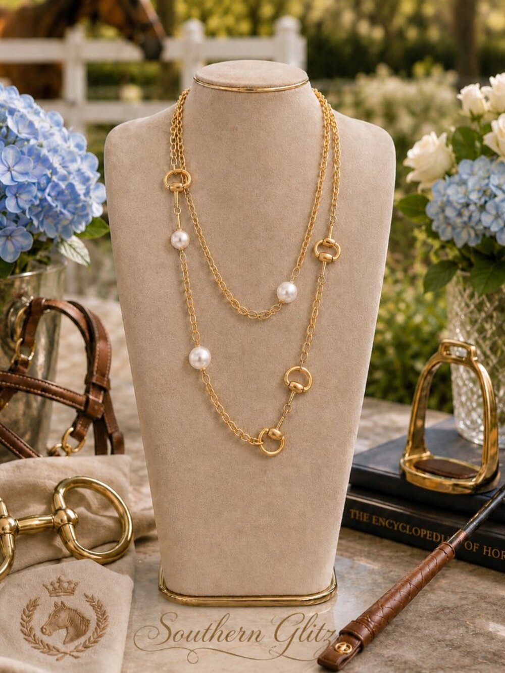 Gold Equestrian Snaffle Bit Necklace with Pearl Accents, Long Layered Horse Jewe